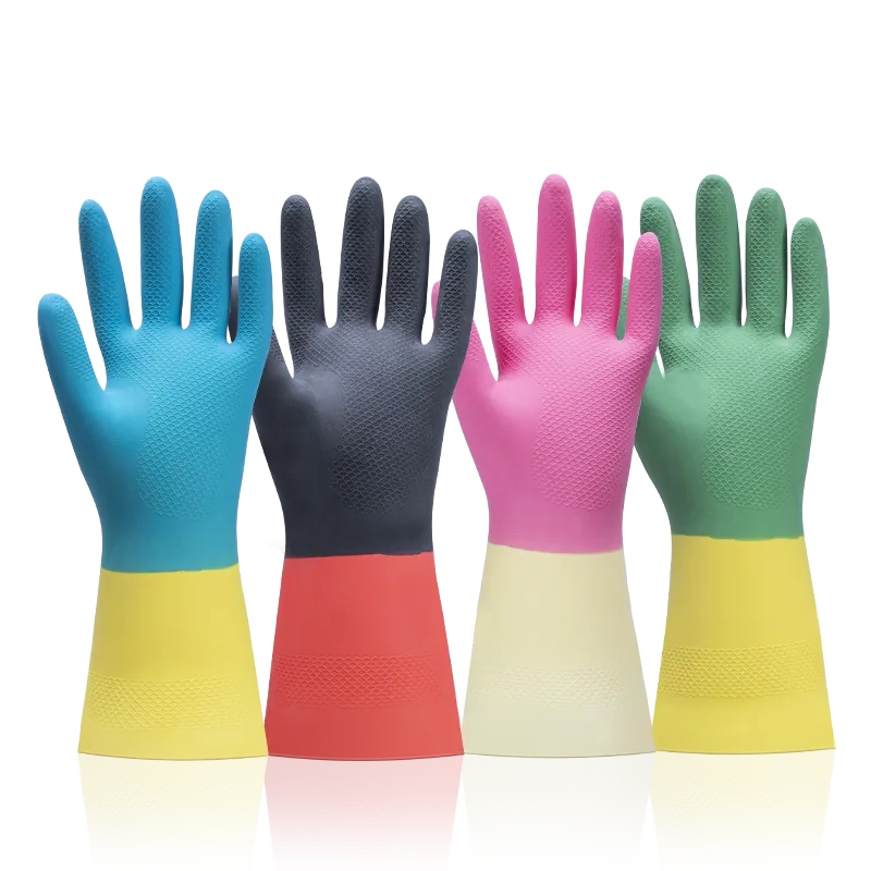 雪蓮30142家用天然乳膠絨里袖口雙色魚鱗紋手套