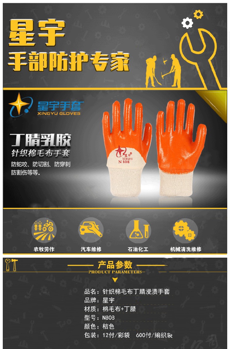 星宇N808針織棉布丁腈半浸勞保手套圖片1