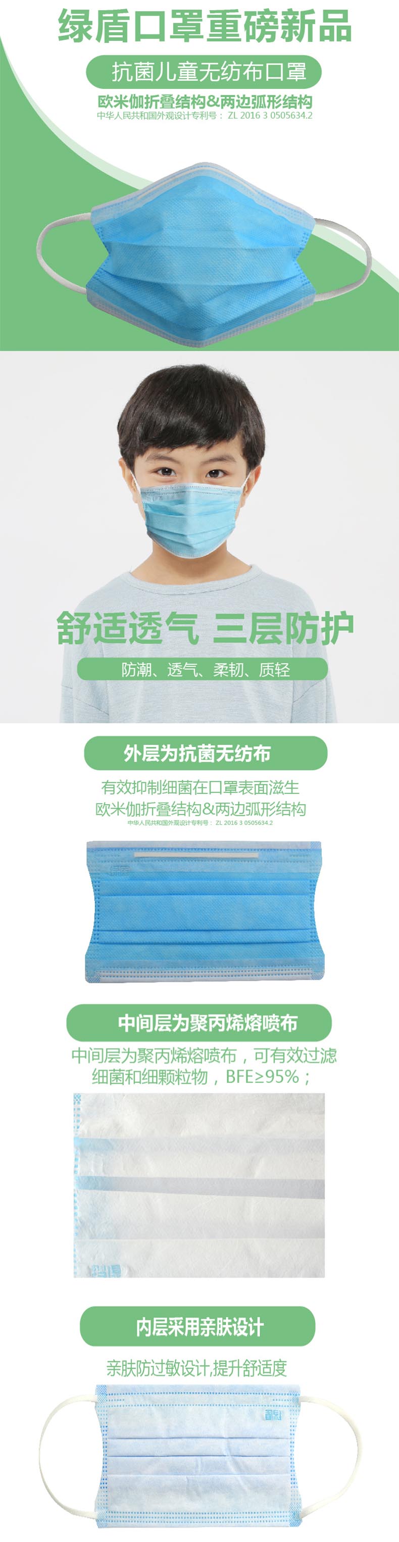 綠盾1007平面無紡布兒童口罩圖片