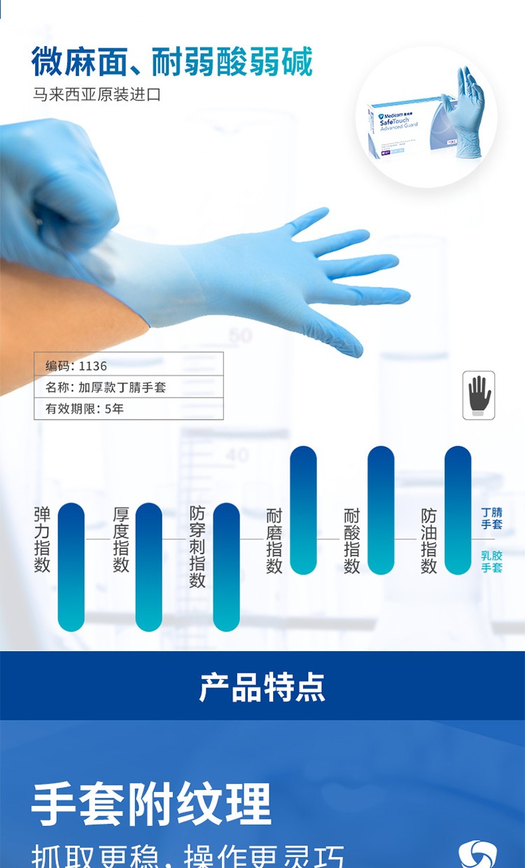 麥迪康1136D藍色無粉加強型一次性丁腈手套L圖片2
