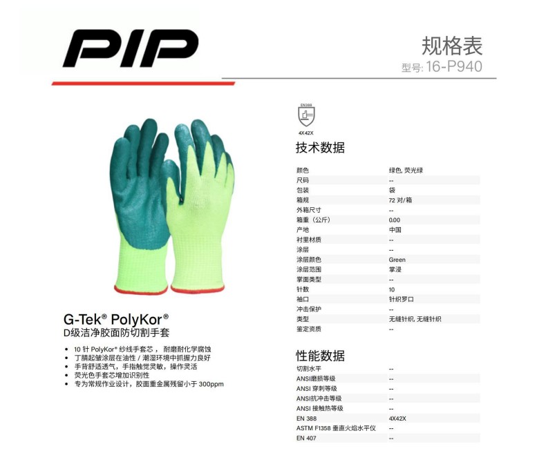 PIP 16-P940 D級(jí)潔凈膠面防切割手套