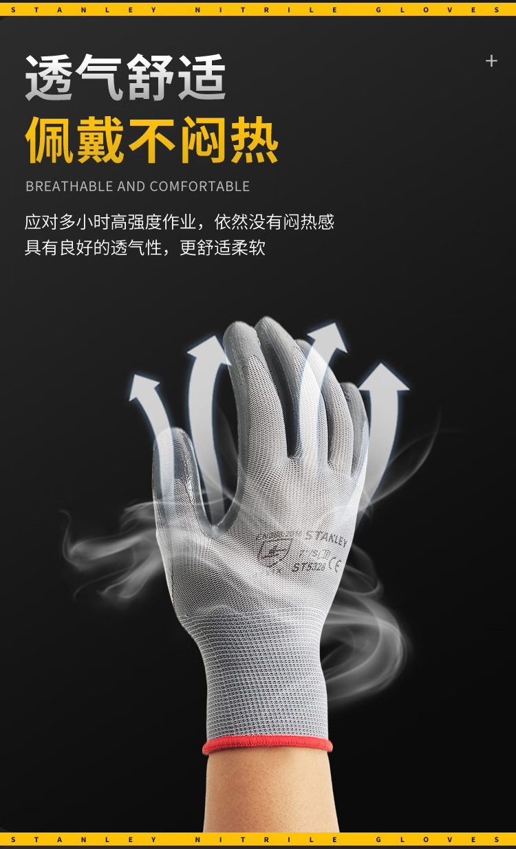 STANLEY史丹利ST5328灰色丁腈浸掌耐磨防滑勞保手套3