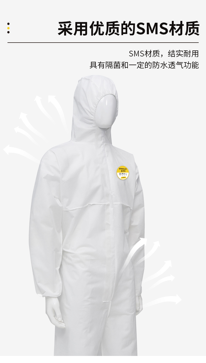 STANLEY史丹利ST3310白色SMS帶膠條防塵靜電連體防護服3