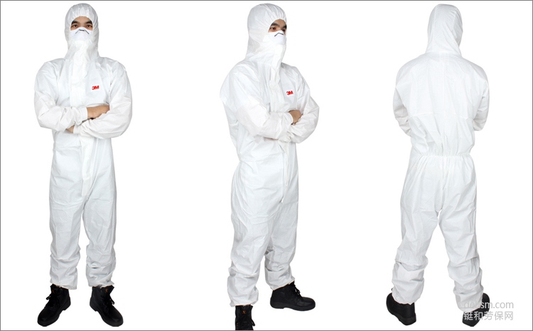 3M4545白色帶帽連體防護服圖片-正面反面側面